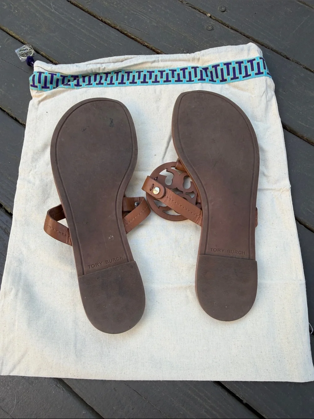 Tory Burch Brown Leather Logo Thong Sandals
